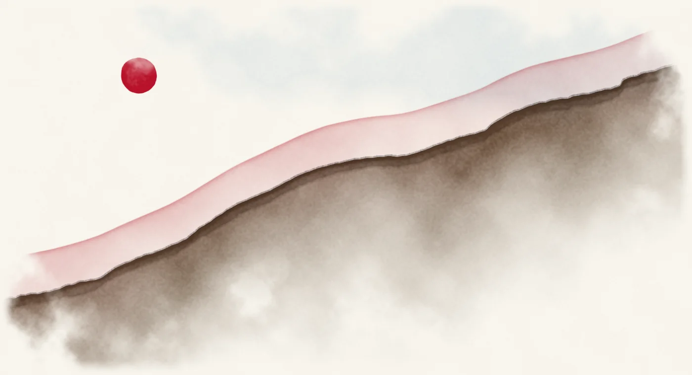 Watercolour landscape whose skyline traces uS federal debt, 1966 to 2026, on a log scale.