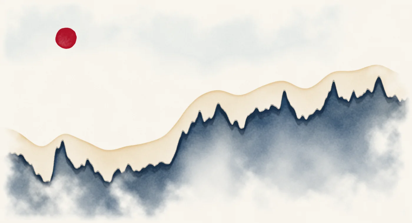 Watercolour landscape whose skyline traces the broad trade-weighted dollar, 2006 to 2026.