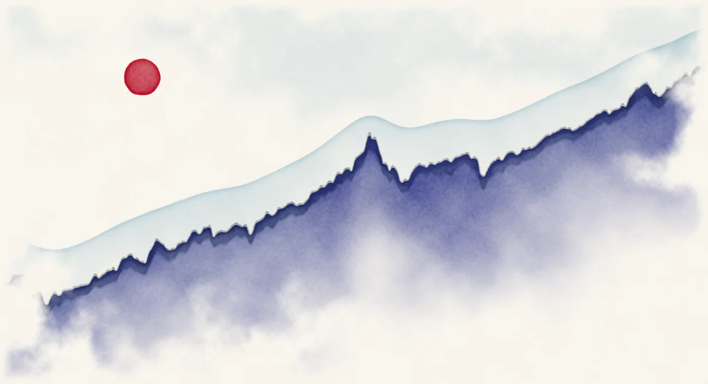 Watercolour landscape whose skyline traces the Nasdaq Composite, 1971 to 2026, on a log scale.