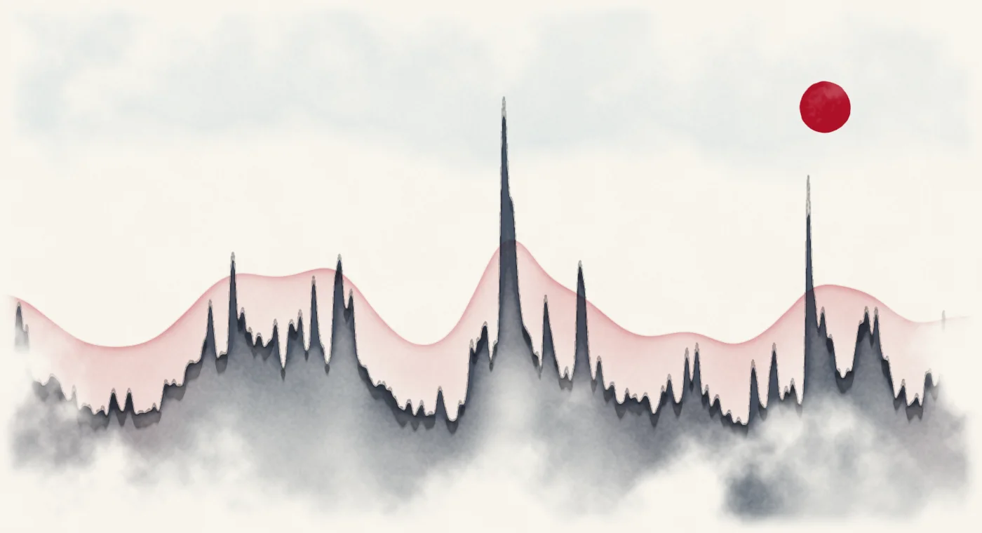 Watercolour landscape whose skyline traces the VIX, 1990 to 2026.